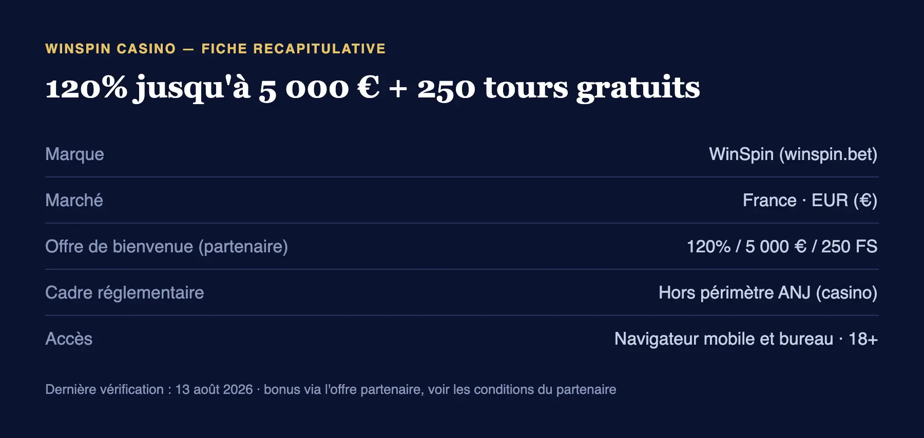 Fiche résumée de l'avis WinSpin